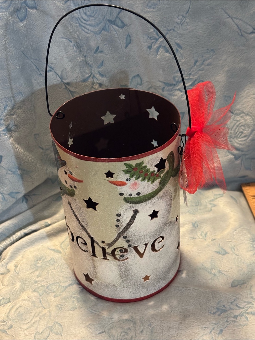 Holiday 'Believe' Snowman Lantern - Red Accent